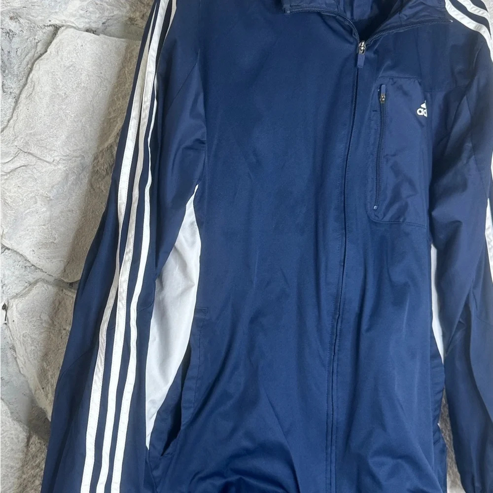 adidas | Men’s 3 Stripe Navy & White Windbreaker With Hidden Hood, Size L